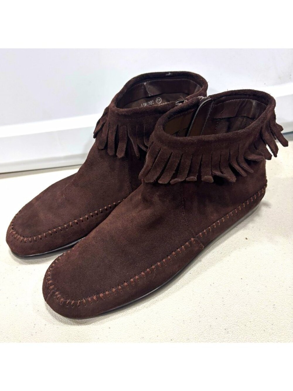 Aerosoles Booties Women 8.5 Brown Leather Fringe Ankle Round Toe moccasin style